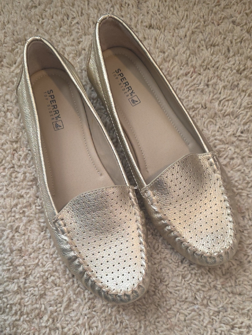 Sperry "Georgia" Metallic Gold Perforated Leather Moccasins Size 9.5